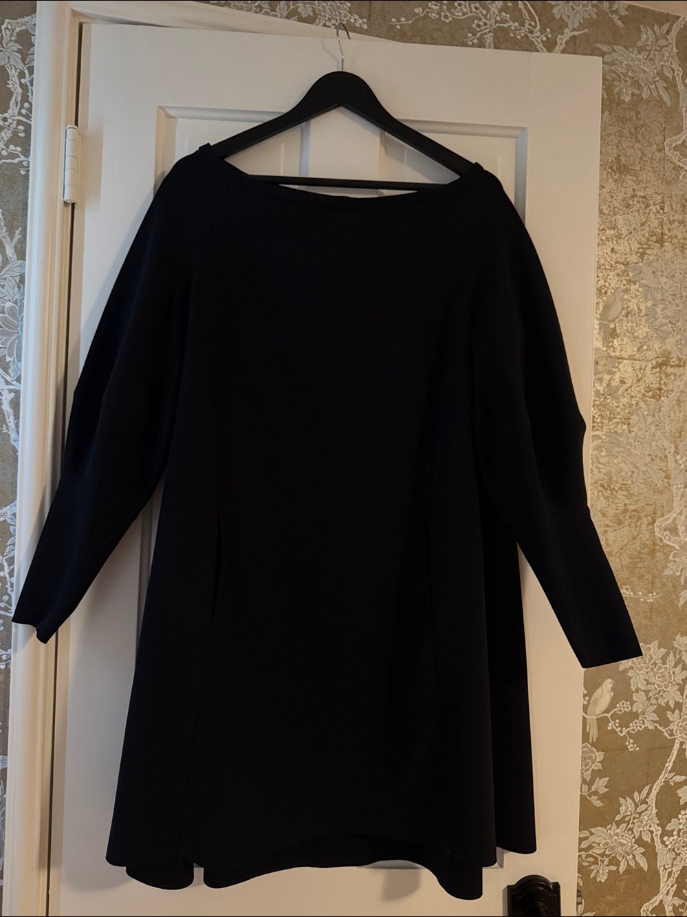 Maria Pinto Black Long Puff Sleeve Boatneck Trapeze Dress